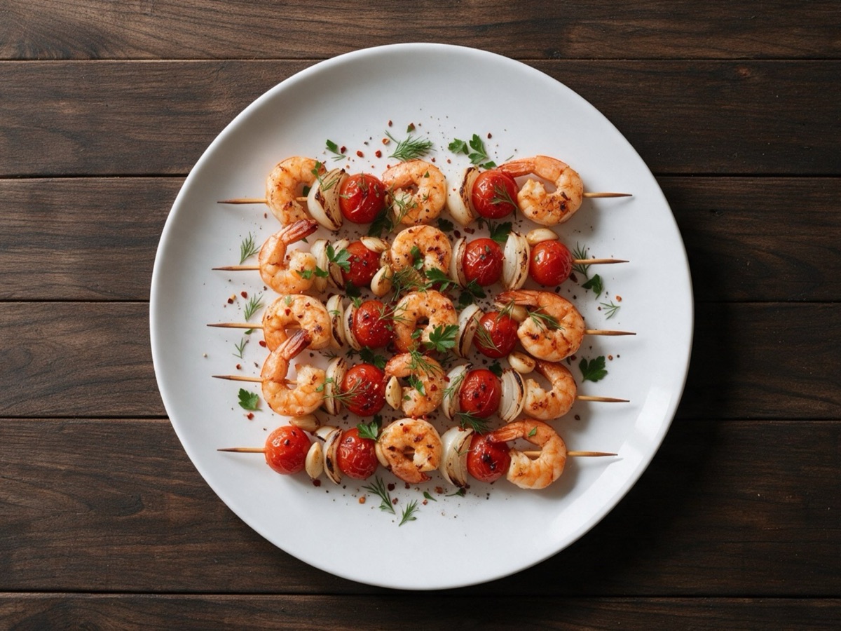 Brochetas de langostinos y tomate cherry