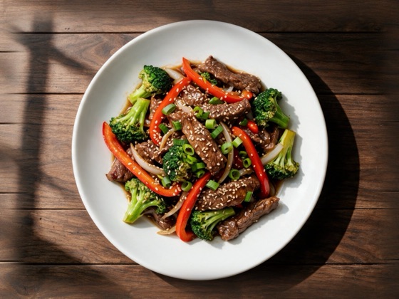 Wok de ternera con brócoli y pimientos