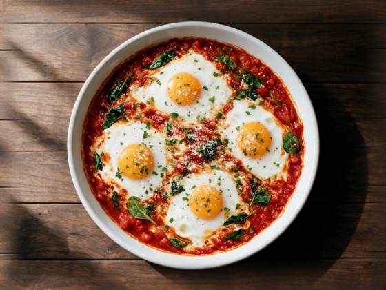 Huevos al plato con tomate y espinacas