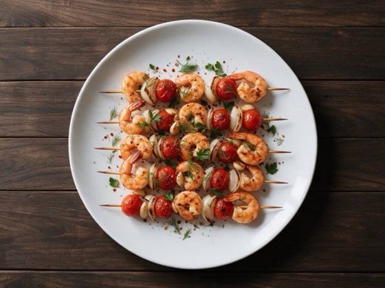Brochetas de langostinos y tomate cherry